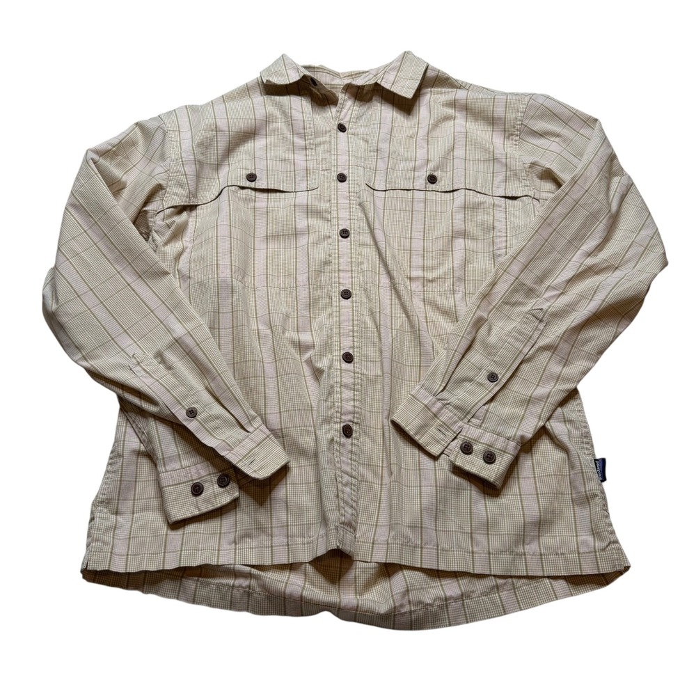 PATAGONIA Island Hopper Long Sleeve Tan Plaid Button Front Shirts Men's Size Med